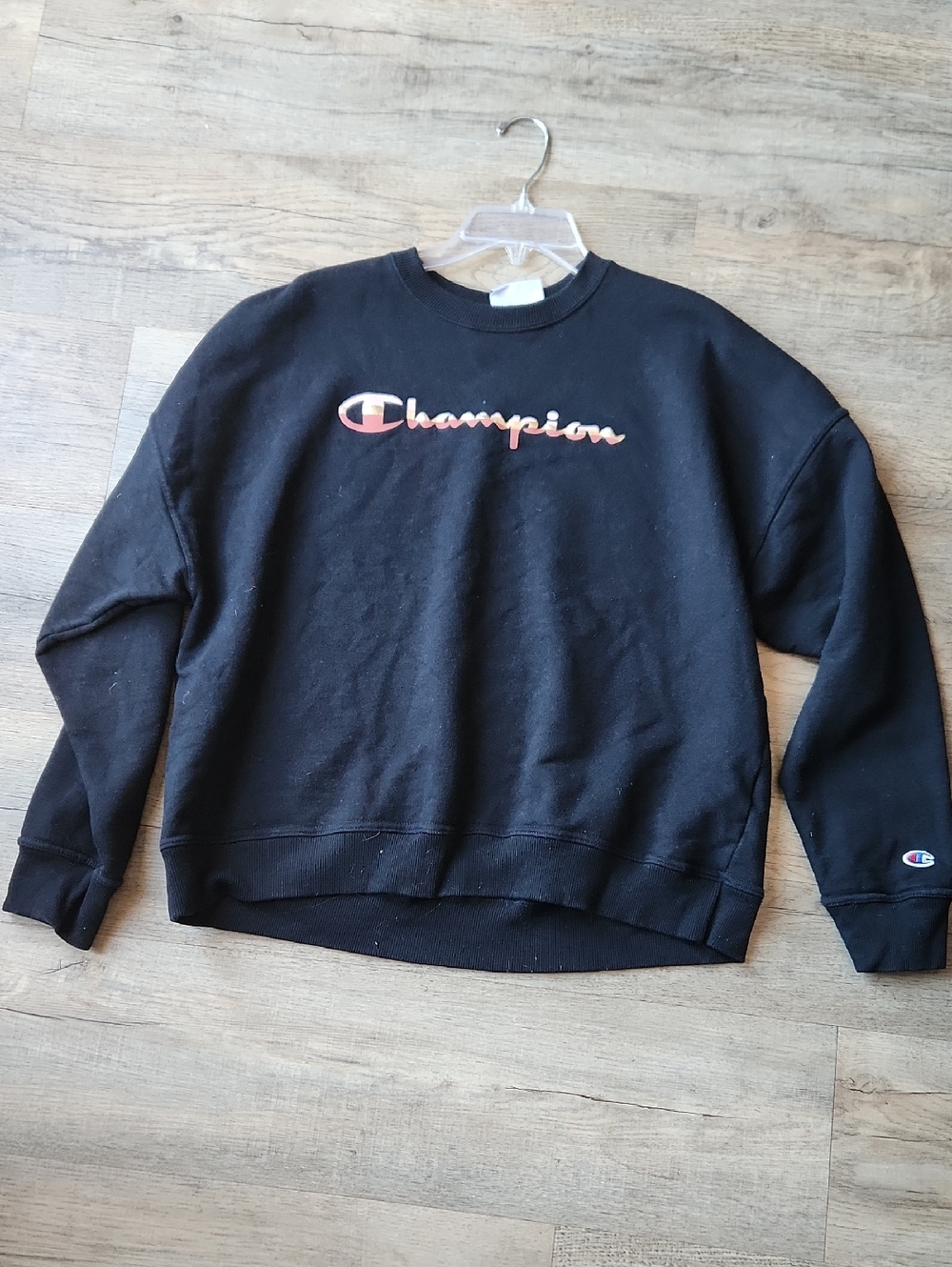 Champion Men’s Black Crewneck Sweatshirt with Orange-Red Script Logo